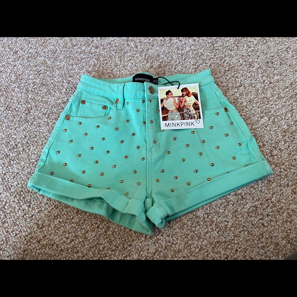 New: Mint Cuffed Gold Studded Denim Shorts in XS